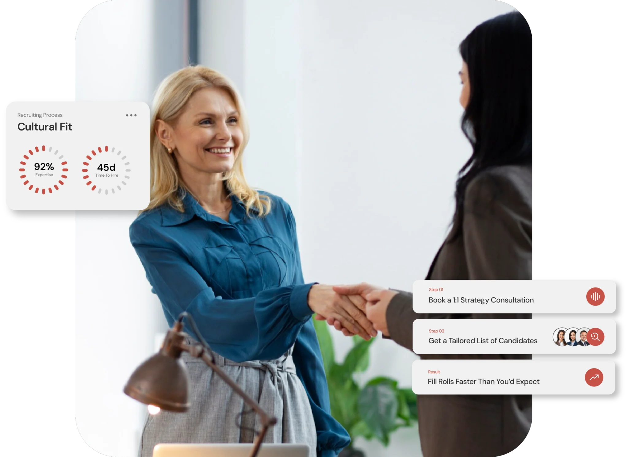 Urgent Staffing solutions employer hiring a femal candidate who is smiling and shaking hands@2x