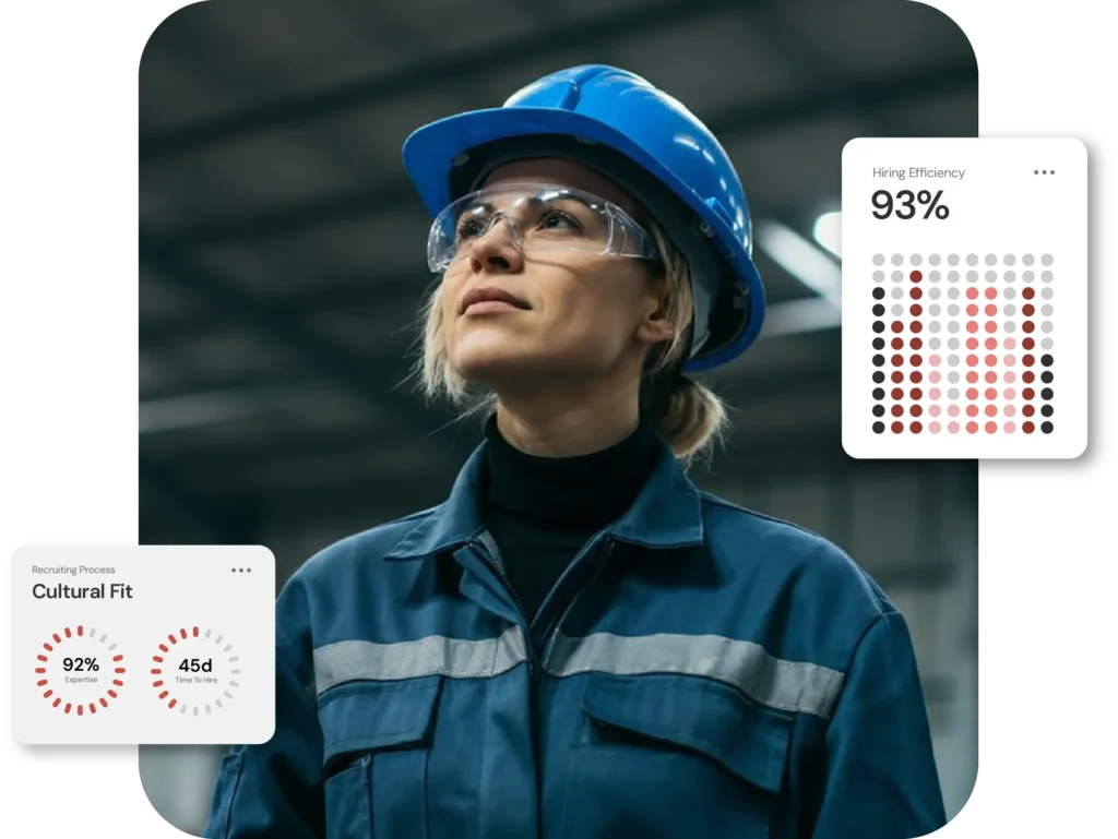 industries hub page header image shows a technical female and cards showing optimal performance in hiring